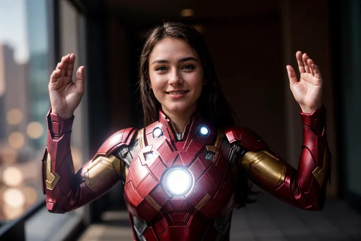 Marvel movies,photo of a 18 year old girl,ironman,clapping hands,happy,ray tracing,detail shadow,shot on Fujifilm X-T4,85mm f1.2,sharp focus,depth of field,blurry background,bokeh,lens flare,motion blur,<lora:add_detail:1>,