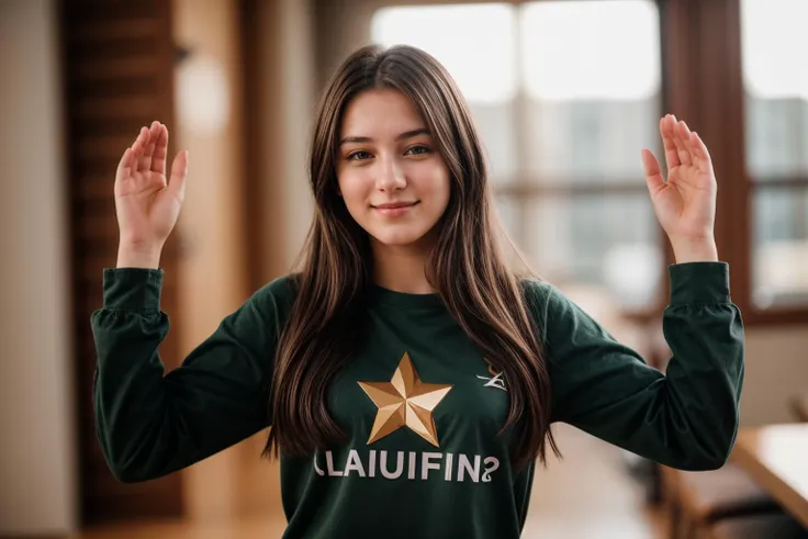 photo of a 18 year old girl,clapping hands,happy,shirt,pants,ray tracing,detail shadow,shot on Fujifilm X-T4,85mm f1.2,sharp focus,depth of field,blurry background,bokeh,lens flare,motion blur,<lora:add_detail:1>,