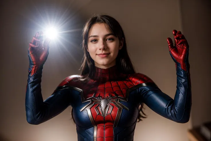 Marvel s,photo of a 18 year old girl,spiderman,clapping hands,happy,ray tracing,detail shadow,shot on Fujifilm X-T4,85mm f1.2,sharp focus,depth of field,blurry background,bokeh,lens flare,motion blur,<lora:add_detail:1>,