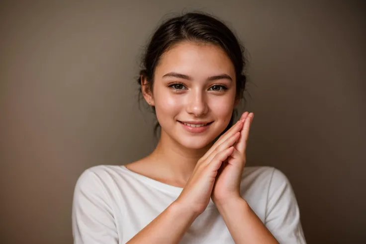 photo of a 18 year old girl,happy,laughing,clapping hands,shirt,ray tracing,detail shadow,shot on Fujifilm X-T4,85mm f1.2,sharp focus,depth of field,blurry background,bokeh,<lora:add_detail:1>,