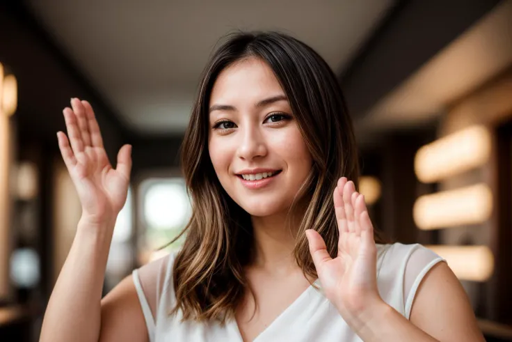 photo of a 30 year old girl,clapping hands,happy,laughing,facing viewer,ray tracing,detail shadow,shot on Fujifilm X-T4,85mm f1.2,depth of field,bokeh,motion blur,<lora:add_detail:1>,