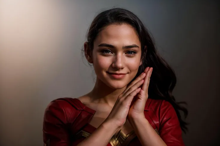 DC s,photo of a 18 year old girl,wonder woman,happy,clapping hands,ray tracing,detail shadow,shot on Fujifilm X-T4,85mm f1.2,sharp focus,depth of field,blurry background,bokeh,<lora:add_detail:1>,