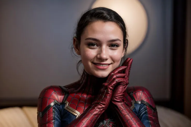 Marvel movies,photo of a 18 year old girl,spiderman,happy,laughing,clapping hands,ray tracing,detail shadow,shot on Fujifilm X-T4,85mm f1.2,sharp focus,depth of field,blurry background,bokeh,<lora:add_detail:1>,