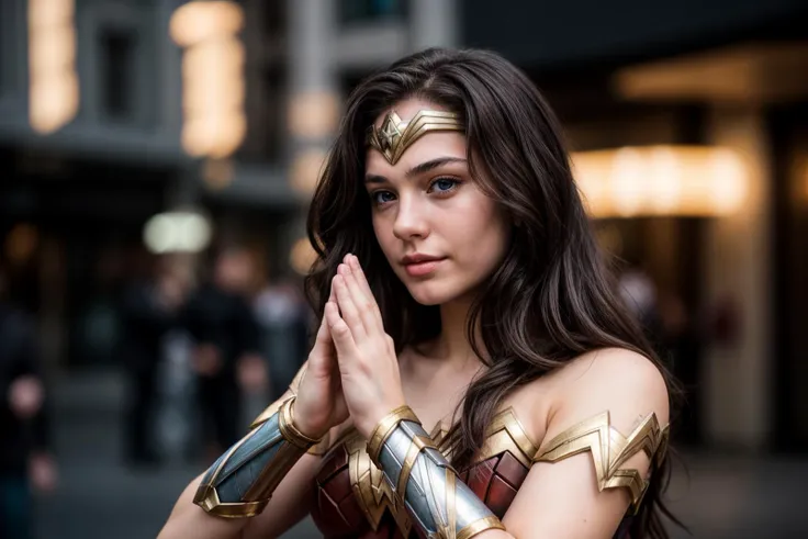 DC s,photo of a 18 year old girl,wonder woman,clapping hands,happy,ray tracing,detail shadow,shot on Fujifilm X-T4,85mm f1.2,sharp focus,depth of field,blurry background,bokeh,lens flare,motion blur,<lora:add_detail:1>,