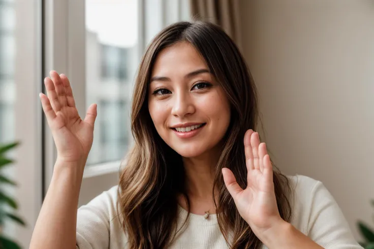 photo of a 35 year old girl,clapping hands,happy,laughing,facing viewer,ray tracing,detail shadow,shot on Fujifilm X-T4,85mm f1.2,depth of field,bokeh,motion blur,<lora:add_detail:1>,