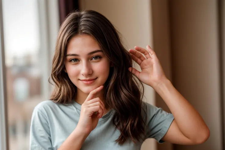 photo of a 18 year old girl,clapping hands,happy,shirt,pants,ray tracing,detail shadow,shot on Fujifilm X-T4,85mm f1.2,depth of field,blurry background,bokeh,motion blur,<lora:add_detail:1>,