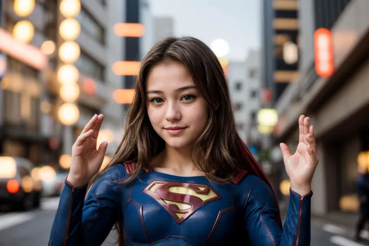 DC s,photo of a 18 year old girl,supergirl,clapping hands,happy,outdoor,windy,on the street,tokyo,ray tracing,detail shadow,shot on Fujifilm X-T4,85mm f1.2,sharp focus,depth of field,blurry background,bokeh,lens flare,motion blur,<lora:add_detail:1>,