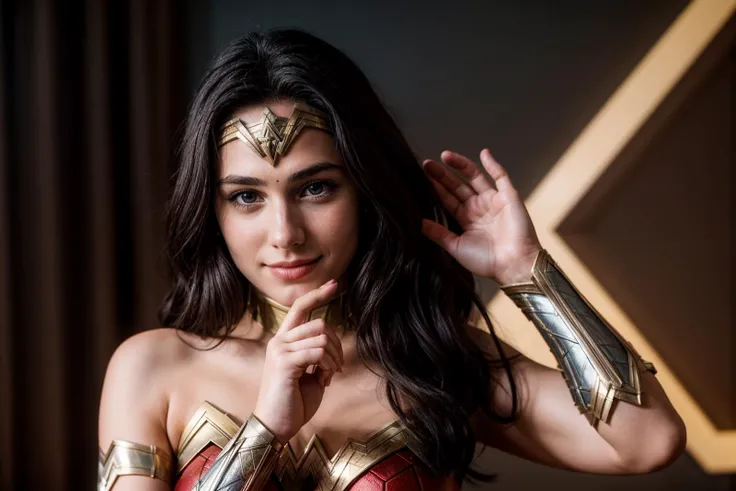 DC s,photo of a 18 year old girl,wonder woman,clapping hands,happy,ray tracing,detail shadow,shot on Fujifilm X-T4,85mm f1.2,depth of field,blurry background,bokeh,motion blur,<lora:add_detail:1>,