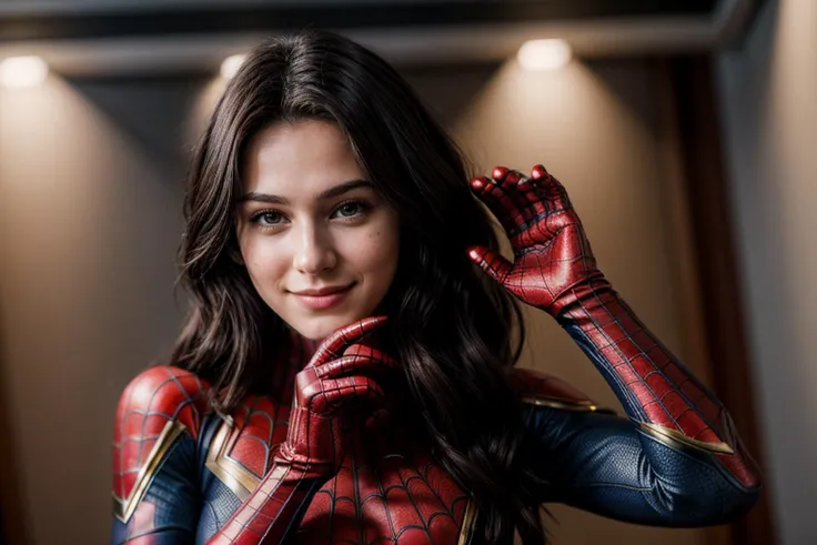 Marvel s,photo of a 18 year old girl,spiderman,clapping hands,happy,ray tracing,detail shadow,shot on Fujifilm X-T4,85mm f1.2,depth of field,blurry background,bokeh,motion blur,<lora:add_detail:1>,