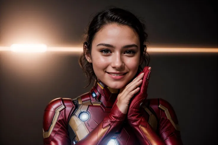 Marvel s,photo of a 18 year old girl,ironman,happy,laughing,clapping hands,ray tracing,detail shadow,shot on Fujifilm X-T4,85mm f1.2,sharp focus,depth of field,blurry background,bokeh,<lora:add_detail:1>,
