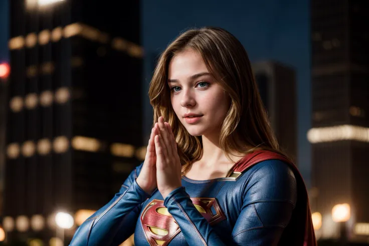 DC s,photo of a 18 year old girl,supergirl,clapping hands,happy,ray tracing,detail shadow,shot on Fujifilm X-T4,85mm f1.2,sharp focus,depth of field,blurry background,bokeh,lens flare,motion blur,<lora:add_detail:1>,