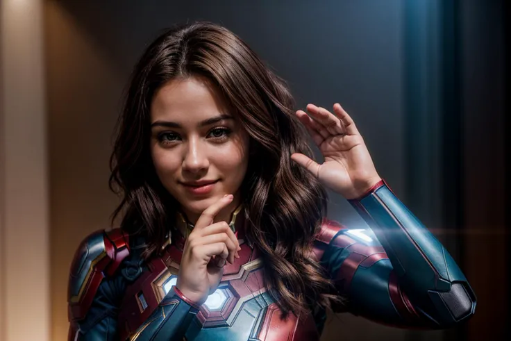 Marvel s,photo of a 18 year old girl,ironman,clapping hands,happy,ray tracing,detail shadow,shot on Fujifilm X-T4,85mm f1.2,depth of field,blurry background,bokeh,motion blur,<lora:add_detail:1>,