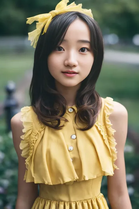 cinematic photo cinematic photo,perfect lighting,masterpiece,best quality, <lora:riccco_v1:0.8>, (riccco9:1.4),solo,1girl,(beautiful,cute,shy,petite, 18 years old,perfect eyes, highly detailed skin,looking at viewer:1.3),(wearing cute yellow dress,frills,ribbon,hair adornment,elegant:1.3) ,<lora:ARWLolitaGothic:0.7>, (tagothic:1.3),(mischievous smile), 35mm photograph, film, bokeh, professional, 4k, highly detailed