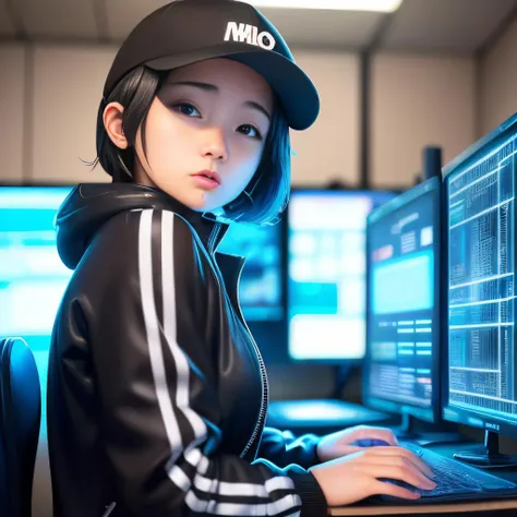 <lora:riccco_v1:0.8>,cute cool hacker girl (riccco99:1.4) hacking the mainframe,solo,1girl,short hair,from side and above,wearing jacket, wearing cap,movie still from action thriller,computer center background,(perfect eyes,highly detailed skin:1.3),(focused intense suspenseful athmosphere:1.3)