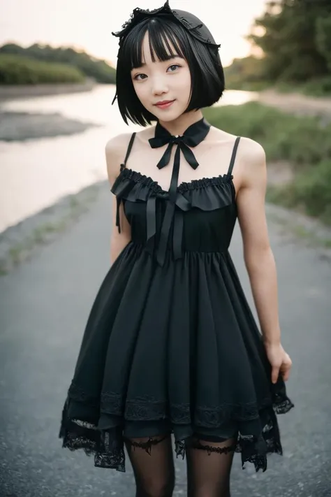 cinematic photo cinematic photo,perfect lighting,masterpiece,best quality, <lora:riccco_v1:0.8>, (riccco9:1.7),solo,1girl,(beautiful,cute,shy, perfect eyes, highly detailed skin,short hair,black hair,looking at viewer:1.3),(wearing dress,legs:1.2),<lora:ARWLolitaGothic:0.7>, (tagothic:1.5),(mischievous smile), 35mm photograph, film, bokeh, professional, 4k, highly detailed
