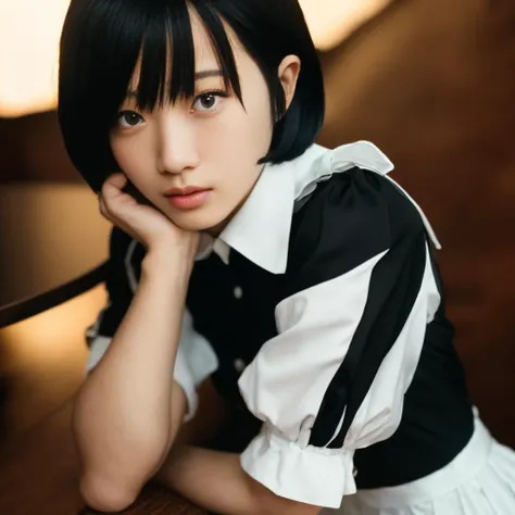 cinematic photo cinematic photo,perfect lighting,masterpiece,best quality, <lora:riccco_v1:0.8>, (riccco9:1.3),solo,1girl,face focus,perfect eyes,perfect hands,parted lips,upper body,highly detailed skin,cute,short hair,black hair,wearing maid cosplay dress,
sitting across empty table,looking at viewer,cafe background, 35mm photograph, film, professional, 4k, highly detailed