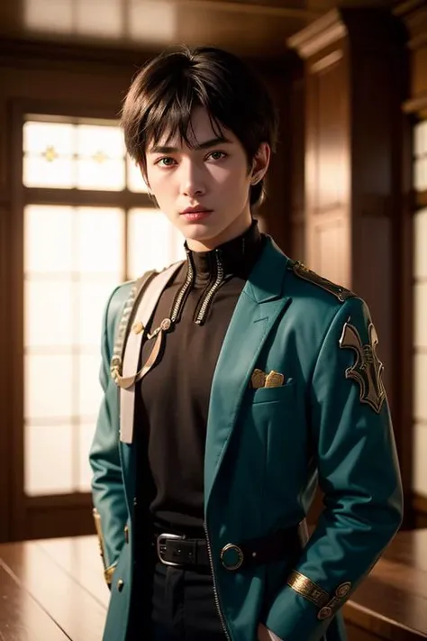 Dan Heng (Honkai Star Rail), young male focus, multicolor coat, black shirt, grey pants, belt, green eyes, indoor (in the bar) photo, beautiful face, close up portrait, look at the viewer, sci-fi movie style, long legs, photography, natural light, photorealism, cinematic rendering, ray tracing, the highest quality, the highest detail, Cinematic, Third-Person View, Blur Effect, Long Exposure, 8K, Ultra-HD, Natural Lighting, Moody Lighting, Cinematic Lighting, <lora:DanHengHonkaiStarRail1:1>