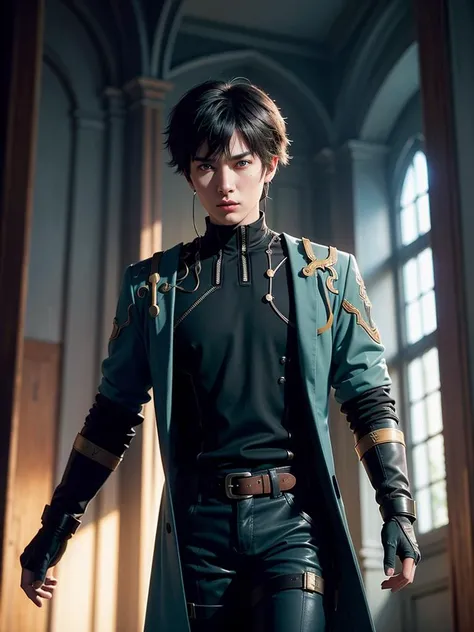 Dan Heng (Honkai Star Rail), young male focus, multicolor coat, black shirt, grey pants, belt, green eyes, indoor photo, in the bright church, beautiful face, full body portrait, look at the viewer, sci-fi movie style, long legs, photography, natural light, photorealism, cinematic rendering, ray tracing, the highest quality, the highest detail, Cinematic, Third-Person View, Blur Effect, Long Exposure, 8K, Ultra-HD, Natural Lighting, Moody Lighting, Cinematic Lighting, <lora:DanHengHonkaiStarRail1:1>