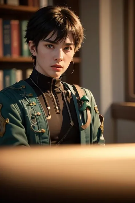 Dan Heng (Honkai Star Rail), young male focus, multicolor coat, black shirt, grey pants, belt, green eyes, indoor photo, in the reading room, beautiful face, close up portrait, look at the viewer, sci-fi movie style, long legs, photography, natural light, photorealism, cinematic rendering, ray tracing, the highest quality, the highest detail, Cinematic, Third-Person View, Blur Effect, Long Exposure, 8K, Ultra-HD, Natural Lighting, Moody Lighting, Cinematic Lighting, <lora:DanHengHonkaiStarRail1:1>