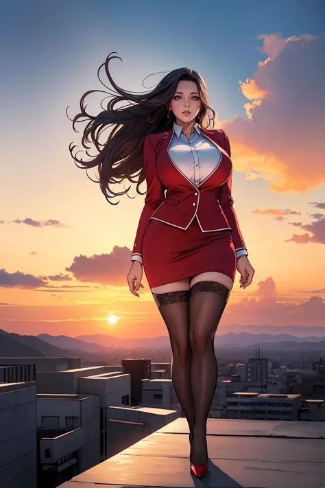 8K, masterpiece, high quality, highres, best quality, highres, 1girl, long hair, white military, black commander, jacket hanging, black hair, serious, smoking, cigarette, calm, long bangs, 2 buns, red eyes, long dress, large breasts, very long hair, breasts, shoes, fighting, hat, cold stance, blush, detailed face, pretty legs, add_detail:9
