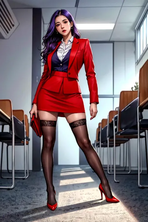 best quality,masterpiece,highres,original,extremely detailed wallpaper,perfect lighting,extremely detailed CG,<lora:add_detail:0.3>,perfect_photography.txt,
<lora:Clara_MA:0.6>,clara_ma,office lady,skirt,long hair,thighhighs,purple hair,pencil skirt,shirt,skirt suit,high heels,red skirt,formal,red jacket,suit,curvy,