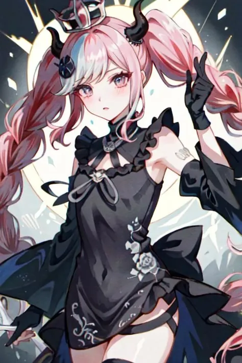 <lora:shinigami_raincode:0.8>, shinigami_raincode, long hair, horns, gloves, black dress, pink hair, crown, detached sleeves, hair ornament, twintails, braids,