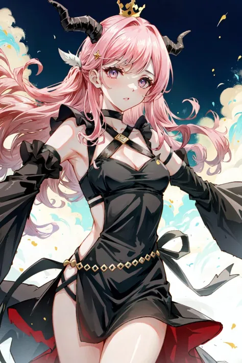 <lora:shinigami_raincode:0.8>, long hair, horns, gloves, black dress, pink hair, crown, detached sleeves, fingerless gloves, <lora:incomingHug_v11:0.5>