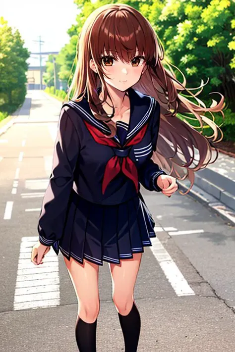 masterpiece, 
solo, front view, 
1girl, standing, looking_at_viewer, 
<lora:hakunon_v4:1>, hakunon, kishinami hakuno \(female\), brown hair, (brown eyes:1.4), long hair, straight_hair, bangs, hime cut, school uniform, serafuku, black serafuku, long sleeves, black sailor collar, sailor collar, red neckerchief, neckerchief, black skirt, skirt, pleated_skirt, miniskirt, black thighhighs, thighhighs, socks, shoes, brown footwear, loafers,