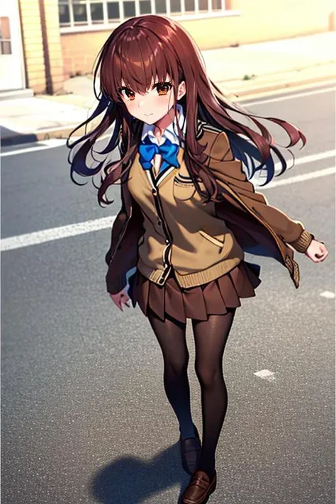 masterpiece, 
solo, front view, 
1girl, standing, looking_at_viewer, 
<lora:hakunon_v4:1>, hakunon, kishinami hakuno \(female\), brown hair, (brown eyes:1.4), long hair, straight_hair, bangs, hime cut, school uniform, jacket, brown jacket, long sleeves, bowtie, blue bow, blue bowtie, skirt, pleated_skirt, miniskirt, brown skirt, black_pantyhose, pantyhose, shoes, brown footwear, loafers,