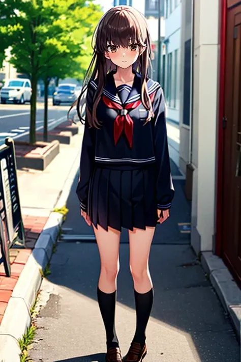 masterpiece, 
solo, front view, 
1girl, standing, looking_at_viewer, 
<lora:hakunon_v2:1>, hakunon, kishinami hakuno \(female\), brown hair, (brown eyes:1.4), long hair, straight_hair, bangs, hime cut, school uniform, serafuku, black serafuku, long sleeves, black sailor collar, sailor collar, red neckerchief, neckerchief, black skirt, skirt, pleated_skirt, miniskirt, black thighhighs, thighhighs, socks, shoes, brown footwear, loafers,