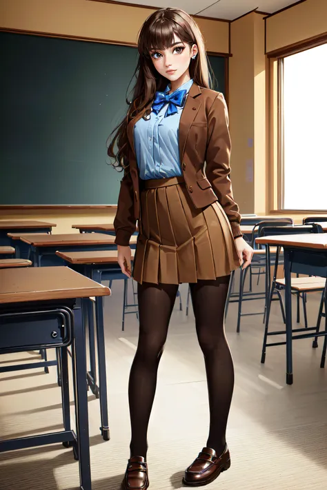 (masterpiece, best quality, ultra detailed, absurdres:1.5), 1girl, (sexy, beautiful woman, perfect face, perfect eyes, perfect female body:1.5), (hakunon, kishinami hakuno \(female\), brown hair, long hair, straight_hair, bangs, hime cut, school uniform, jacket, brown jacket, long sleeves, bowtie, blue bow, blue bowtie, skirt, pleated_skirt, miniskirt, brown skirt, black_pantyhose, pantyhose, shoes, brown footwear, loafers, <lora:hakunon_v3:0.75>), (standing, indoors, Japanese classroom), perfect lighting, smooth, hdr