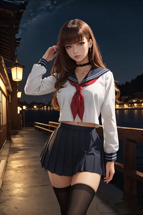 (masterpiece, best quality, ultra detailed, absurdres:1.5), 1girl, (sexy, beautiful woman, perfect face, perfect eyes, perfect female body:1.5), (hakunon, kishinami hakuno \(female\), brown hair, long hair, straight_hair, bangs, hime cut, school uniform, serafuku, black serafuku, long sleeves, black sailor collar, sailor collar, red neckerchief, neckerchief, black skirt, skirt, pleated_skirt, miniskirt, black thighhighs, thighhighs, socks, shoes, brown footwear, loafers, <lora:hakunon_v3:0.75>), (standing, outdoors, Japanese city, night sky), perfect lighting, smooth, hdr