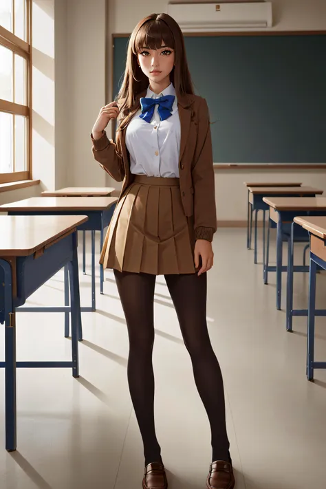 (masterpiece, best quality, ultra detailed, absurdres:1.5), 1girl, (sexy, beautiful woman, perfect face, perfect eyes, perfect female body:1.5), (hakunon, kishinami hakuno \(female\), brown hair, long hair, straight_hair, bangs, hime cut, school uniform, jacket, brown jacket, long sleeves, bowtie, blue bow, blue bowtie, skirt, pleated_skirt, miniskirt, brown skirt, black_pantyhose, pantyhose, shoes, brown footwear, loafers, <lora:hakunon_v3:0.75>), (standing, indoors, Japanese classroom), perfect lighting, smooth, hdr