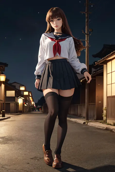 (masterpiece, best quality, ultra detailed, absurdres:1.5), 1girl, (sexy, beautiful woman, perfect face, perfect eyes, perfect female body:1.5), (hakunon, kishinami hakuno \(female\), brown hair, long hair, straight_hair, bangs, hime cut, school uniform, serafuku, black serafuku, long sleeves, black sailor collar, sailor collar, red neckerchief, neckerchief, black skirt, skirt, pleated_skirt, miniskirt, black thighhighs, thighhighs, socks, shoes, brown footwear, loafers, <lora:hakunon_v3:0.75>), (standing, outdoors, Japanese city, night sky), perfect lighting, smooth, hdr