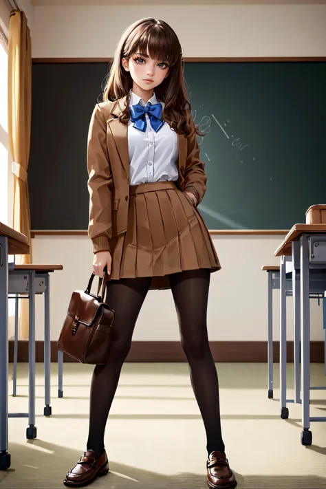 (masterpiece, best quality, ultra detailed, absurdres:1.5), 1girl, (sexy, beautiful woman, perfect face, perfect eyes, perfect female body:1.5), (hakunon, kishinami hakuno \(female\), brown hair, long hair, straight_hair, bangs, hime cut, school uniform, jacket, brown jacket, long sleeves, bowtie, blue bow, blue bowtie, skirt, pleated_skirt, miniskirt, brown skirt, black_pantyhose, pantyhose, shoes, brown footwear, loafers, <lora:hakunon_v3:0.75>), (standing, indoors, Japanese classroom), perfect lighting, smooth, hdr