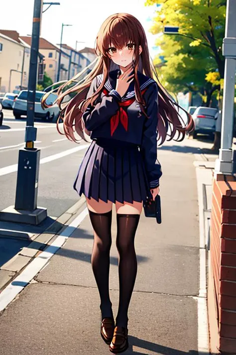 masterpiece, 
solo, front view, 
1girl, standing, looking_at_viewer, 
<lora:hakunon_v4:1>, hakunon, kishinami hakuno \(female\), brown hair, (brown eyes:1.4), long hair, straight_hair, bangs, hime cut, school uniform, serafuku, black serafuku, long sleeves, black sailor collar, sailor collar, red neckerchief, neckerchief, black skirt, skirt, pleated_skirt, miniskirt, black thighhighs, thighhighs, socks, shoes, brown footwear, loafers,