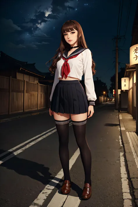 (masterpiece, best quality, ultra detailed, absurdres:1.5), 1girl, (sexy, beautiful woman, perfect face, perfect eyes, perfect female body:1.5), (hakunon, kishinami hakuno \(female\), brown hair, long hair, straight_hair, bangs, hime cut, school uniform, serafuku, black serafuku, long sleeves, black sailor collar, sailor collar, red neckerchief, neckerchief, black skirt, skirt, pleated_skirt, miniskirt, black thighhighs, thighhighs, socks, shoes, brown footwear, loafers, <lora:hakunon_v3:0.75>), (standing, outdoors, Japanese city, night sky), perfect lighting, smooth, hdr