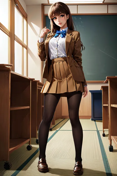 (masterpiece, best quality, ultra detailed, absurdres:1.5), 1girl, (sexy, beautiful woman, perfect face, perfect eyes, perfect female body:1.5), (hakunon, kishinami hakuno \(female\), brown hair, long hair, straight_hair, bangs, hime cut, school uniform, jacket, brown jacket, long sleeves, bowtie, blue bow, blue bowtie, skirt, pleated_skirt, miniskirt, brown skirt, black_pantyhose, pantyhose, shoes, brown footwear, loafers, <lora:hakunon_v3:0.75>), (standing, indoors, Japanese classroom), perfect lighting, smooth, hdr