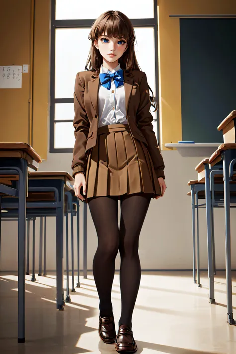 (masterpiece, best quality, ultra detailed, absurdres:1.5), 1girl, (sexy, beautiful woman, perfect face, perfect eyes, perfect female body:1.5), (hakunon, kishinami hakuno \(female\), brown hair, long hair, straight_hair, bangs, hime cut, school uniform, jacket, brown jacket, long sleeves, bowtie, blue bow, blue bowtie, skirt, pleated_skirt, miniskirt, brown skirt, black_pantyhose, pantyhose, shoes, brown footwear, loafers, <lora:hakunon_v3:0.75>), (standing, indoors, Japanese classroom), perfect lighting, smooth, hdr