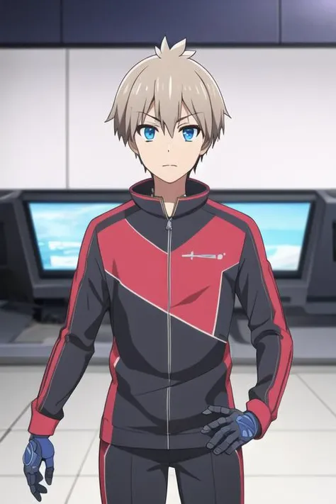 masterpiece, best quality, game cg, 1boy, solo, male focus, looking at viewer, , depth of field, <lora:kiri_uzaki:0.68>, kiri_uzaki, grey hair, blue eyes, robot costume, grimdark,