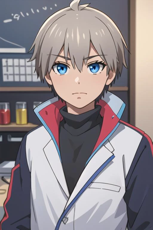 masterpiece, best quality, game cg, 1boy, solo, male focus, looking at viewer, upper body, depth of field, <lora:kiri_uzaki:0.66>, kiri_uzaki, grey hair, blue eyes, , science fantasy, HD