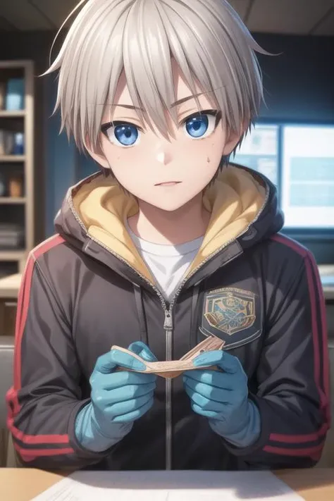 masterpiece, best quality, , 1boy, solo, male focus, looking at viewer, , depth of field, <lora:kiri_uzaki:0.68>, kiri_uzaki, grey hair, blue eyes, leather jacket, , Wonderland: A wild and fantastical place, ruled by the Queen of Hearts,