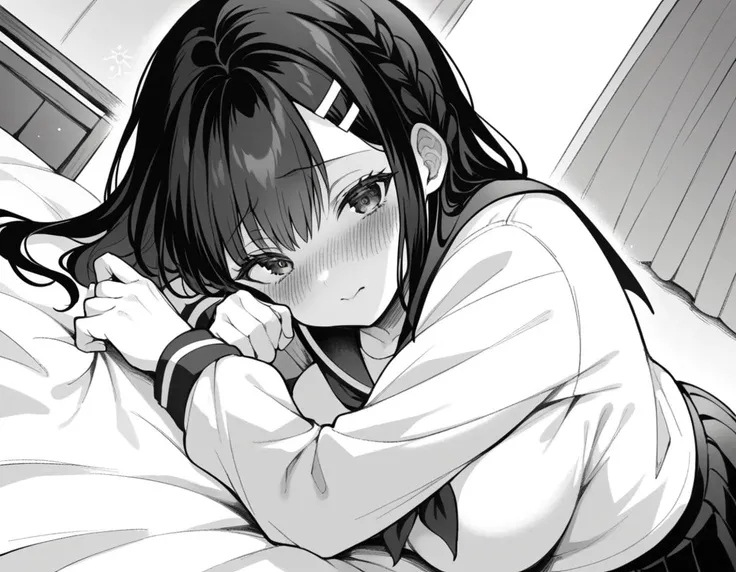 score_9, score_8_up, score_7_up, source_anime,
miyakoohtsuka, <lora:miyako-ohtsuka-manga-ponyxl-lora-nochekaiser:1>,
miyako ohtsuka, long hair, bangs, hair ornament, hairclip, large breasts, monochrome, greyscale,
skirt, long sleeves, school uniform, pleated skirt, serafuku, sailor collar,
indoors, bed, bed room, on side, blush, drunk,
looking at viewer, solo, dutch angle, cowboy shot,