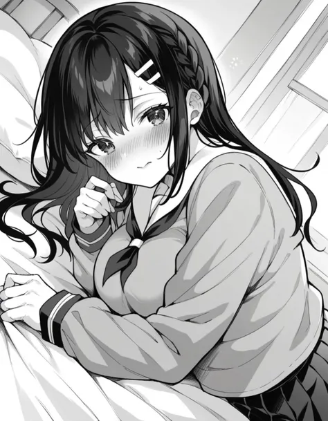score_9, score_8_up, score_7_up, source_anime,
miyakoohtsuka, <lora:miyako-ohtsuka-manga-ponyxl-lora-nochekaiser:1>,
miyako ohtsuka, long hair, bangs, hair ornament, hairclip, large breasts, monochrome, greyscale,
skirt, long sleeves, school uniform, pleated skirt, serafuku, sailor collar,
indoors, bed, bed room, on side, blush, drunk,
looking at viewer, solo, dutch angle, cowboy shot,