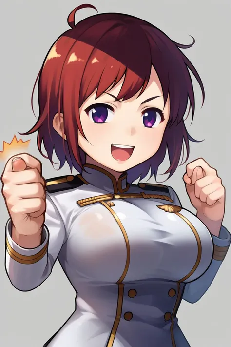 score_7_up,anime,1girl,solo,large breasts,chibi,<lora:segg_gesture_v2_wasabiya:1>,segg gesture,hand up,smile,open mouth,simple simple background,punching, upper body, uniform,