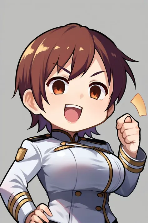 score_7_up,anime,1girl,solo,large breasts,chibi,<lora:segg_gesture_v2_wasabiya:1>,segg gesture,hand up,smile,open mouth,simple simple background,punching,upper body,uniform, hand on hip