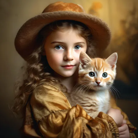 cute freckled young girl holding in her hand a kitty and painted like a rembrandt from 1665 soft light v5 (masterpiece,best quality, ultra realistic,32k,RAW photo,detail skin, 8k uhd, dslr,high quality, film grain:1.5), key perfect hands
