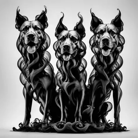 Cerberus a three headed dog growling at the camera, 8k resolution, photograph, best quality, greyscale, monochrome ,<lora:Gloom-step00000900:.75>