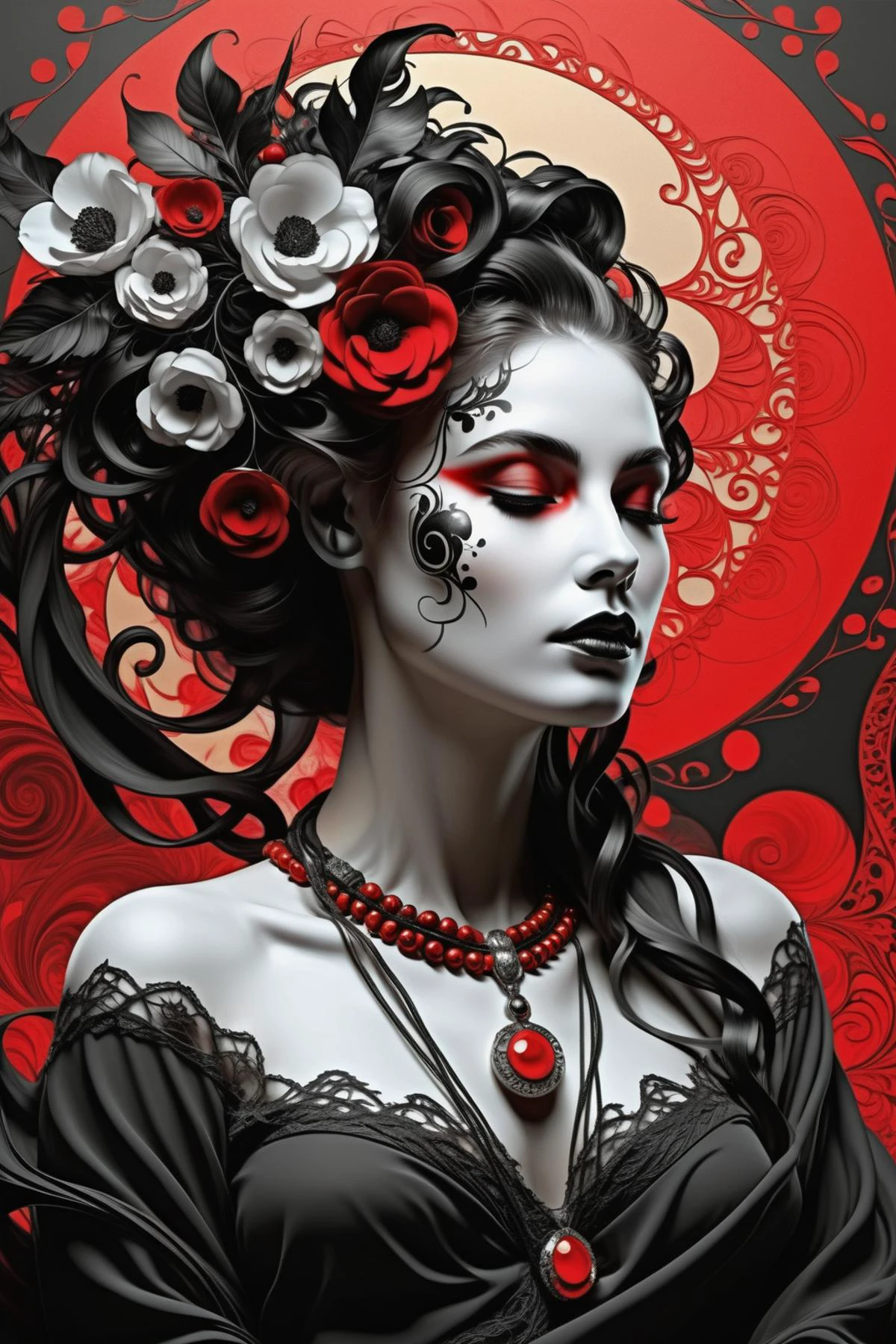 Santa Muerte, best quality, digital painting, extremely smooth, fluid, 3d fractals, light particles, dreamy, smooth, shimmering, dreamy glow, conceptual art by alberto seveso, anna dittmann, arthur rackham, harmonious color scheme, 32k, dry charcoal and crimson color inks line art dreamy female portrait with lot of lace filigrees on black canvas illustration described in the perfect fractal style of Vassily Kandinsky, Jackson Pollock, Alphonse Mucha and Jeremy Mann, HQ, 4K Modifiers: 4K 3D
<lora:Gloom:0.45>, Gloom