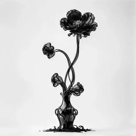A beautiful Poppy flower in a black vase in a white room, ((white background)), photograph, 8k resolution, award winning photograph, horror, cinematic lighting   <lora:Gloom-step00000900:.7>, greyscale